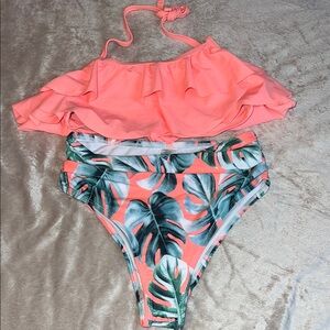 NWOT Amazon Coral and Leaf Print Kids Bikini